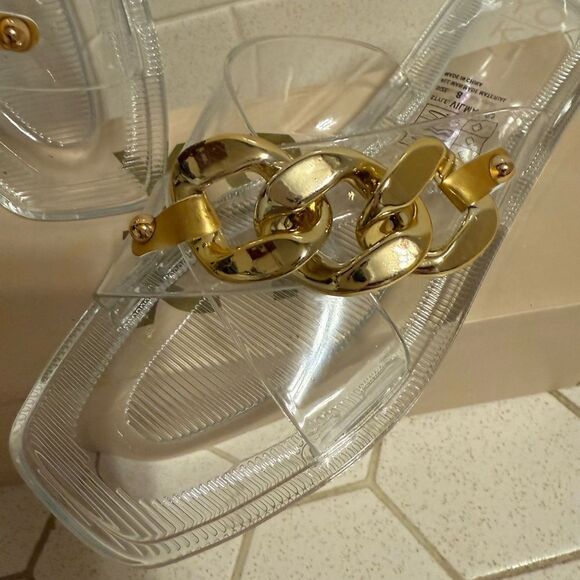 NEW! Boho Women's Flat Clear Jelly Slide Sandals with Chain Embellishment Beach - Picture 4 of 5